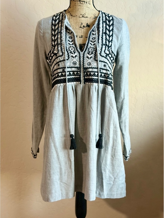 Zara Dresses & Skirts - Zara TRF Womens XS Gray Embroidered Tunic Dress Boho Tassel Long Sleeve Mini